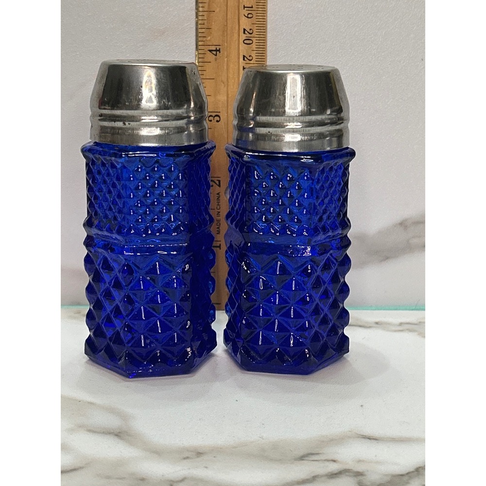 Vintage Cobalt Blue Glass Salt and Pepper Shakers Diamond Point Hobnail Set